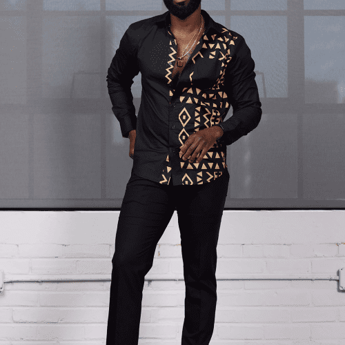 Abiade Mens African Print Button Up Black Tan Black Tribal2