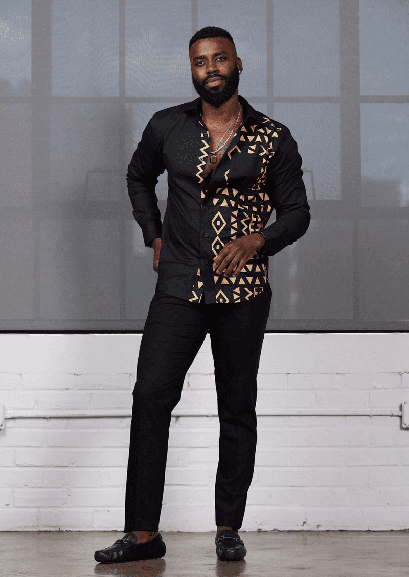 Abiade Mens African Print Button Up Black Tan Black Tribal2