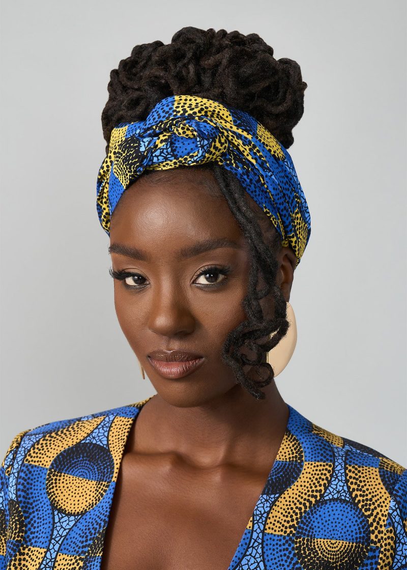 AfricanPrintHeadwrap Scarf BlueGoldCircles 2 b787131d 100f 47ab b6d8 26968a3ca8b5