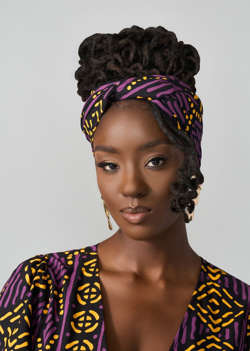 AfricanPrintHeadwrap Scarf GoldPurpleMudcloth