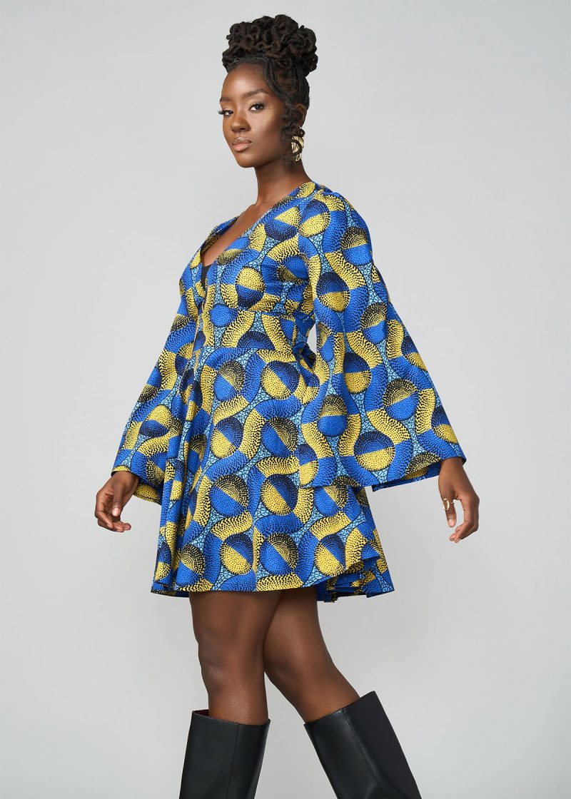 CaliWomen sAfricanPrintDress BlueGoldCircles 10