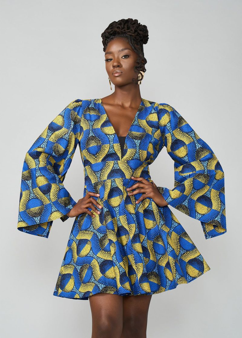 CaliWomen sAfricanPrintDress BlueGoldCircles 11