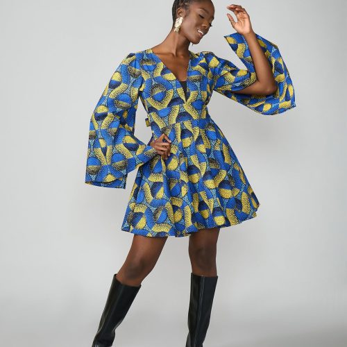 CaliWomen sAfricanPrintDress BlueGoldCircles 12