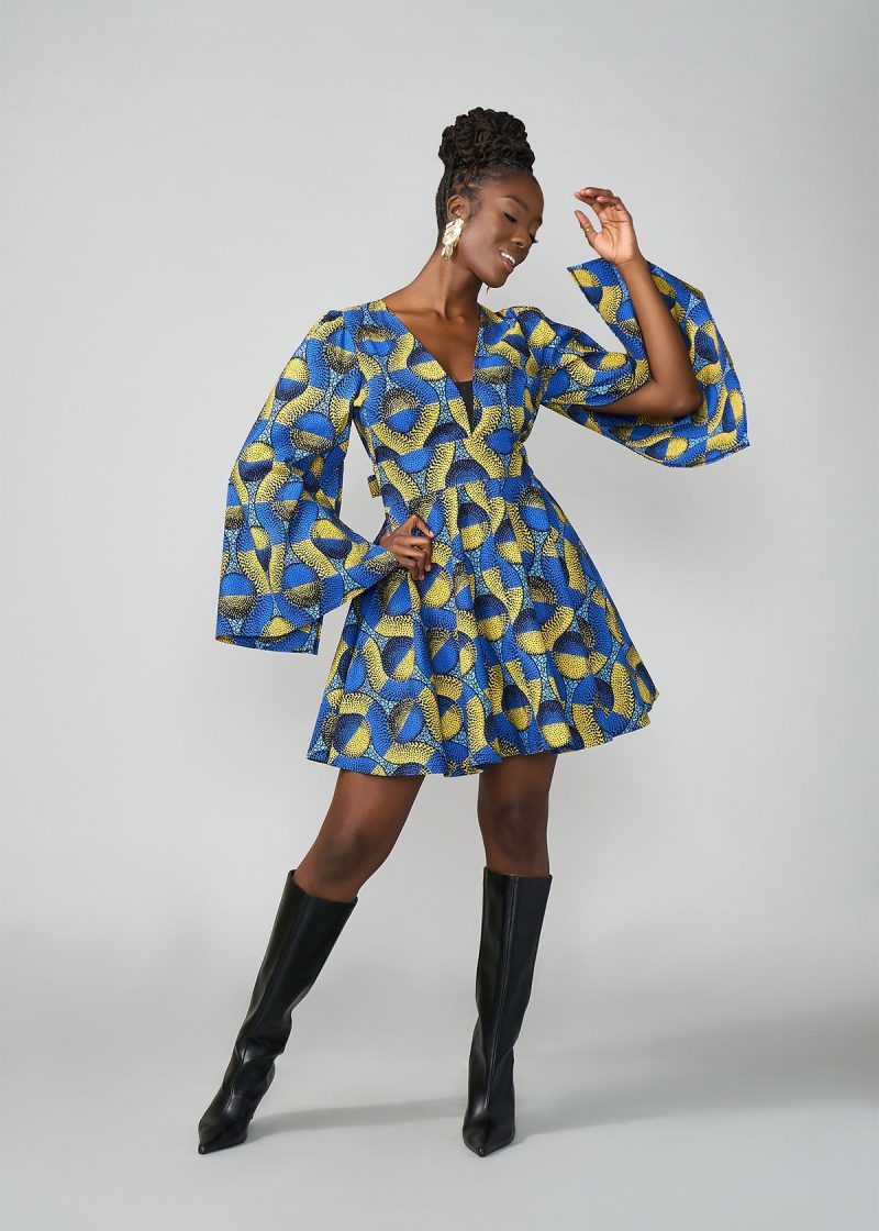 CaliWomen sAfricanPrintDress BlueGoldCircles 12