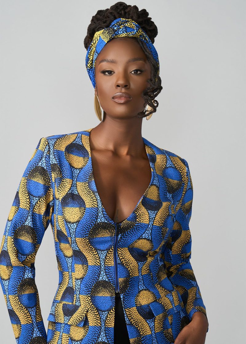 FafaWomen sAfricanPrintStretchZip UpBlazer BlueGoldCircles 03 8959d0d6 c9be 40f8 909d 61895c1f1093