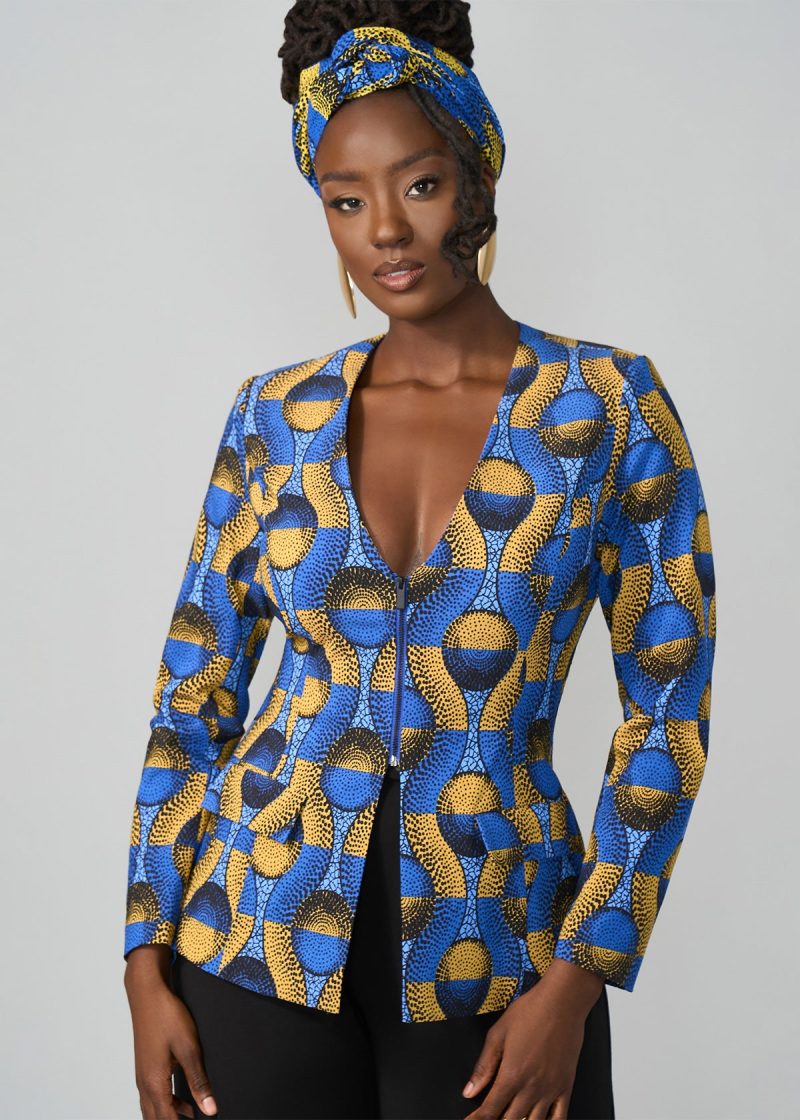 FafaWomen sAfricanPrintStretchZip UpBlazer BlueGoldCircles 04 cd4f05ab 6a99 4852 9185 8061026a80c2