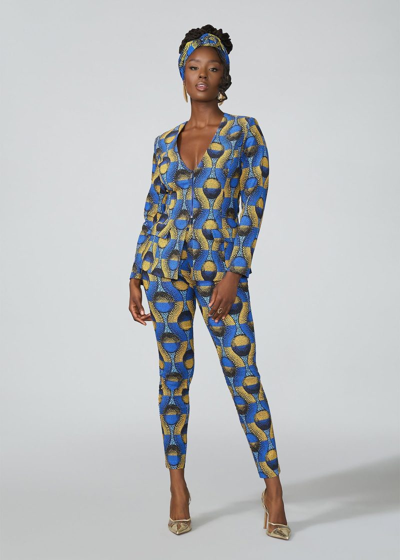 FafaWomen sAfricanPrintStretchZip UpBlazer BlueGoldCircles 08 39f3111e 7cdb 4292 9fee 4aaa7c519cda