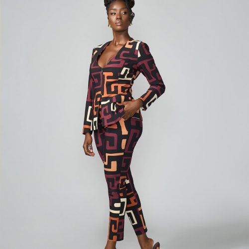 FafaWomen sAfricanPrintStretchZip UpBlazer NeutralKubaGeometric 12