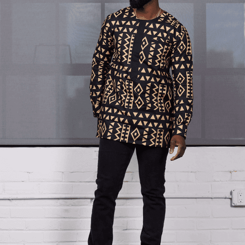 Ibrahim Mens African Print Traditional Shirt Tan Black Tribal