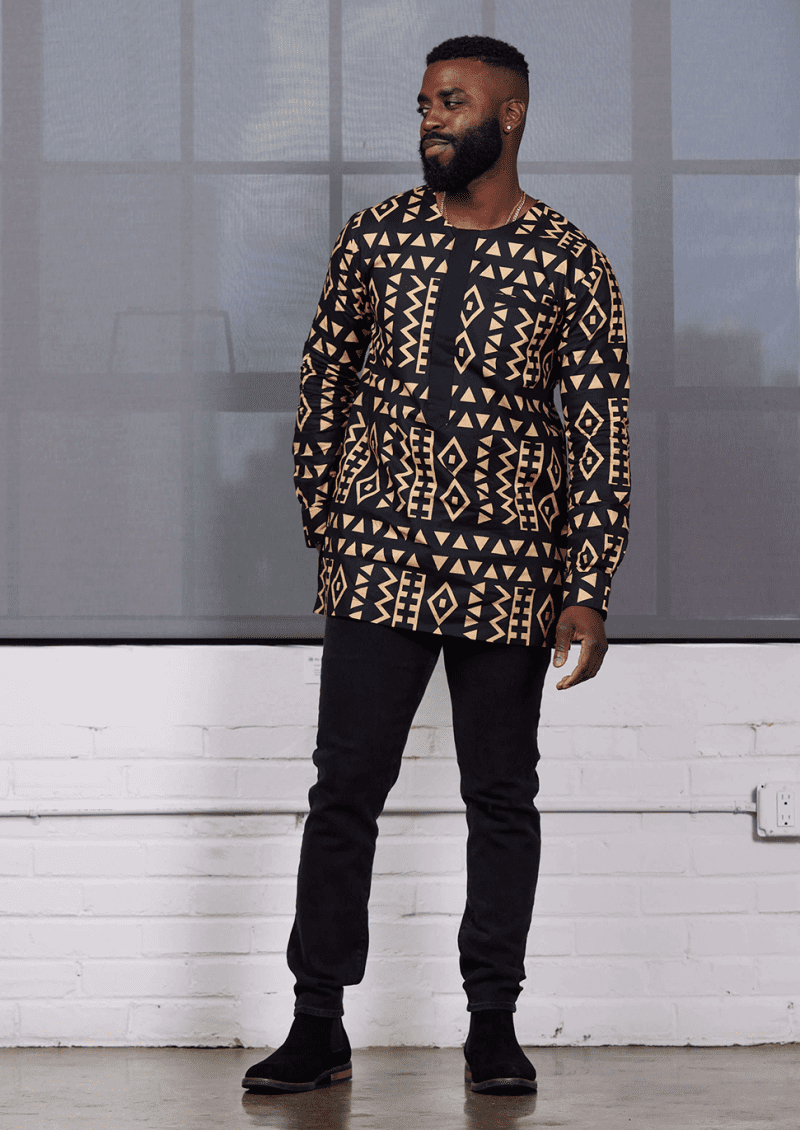 Ibrahim Mens African Print Traditional Shirt Tan Black Tribal