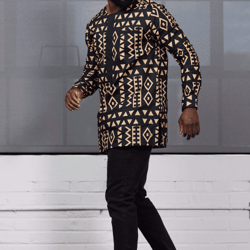 Ibrahim Mens African Print Traditional Shirt Tan Black Tribal3