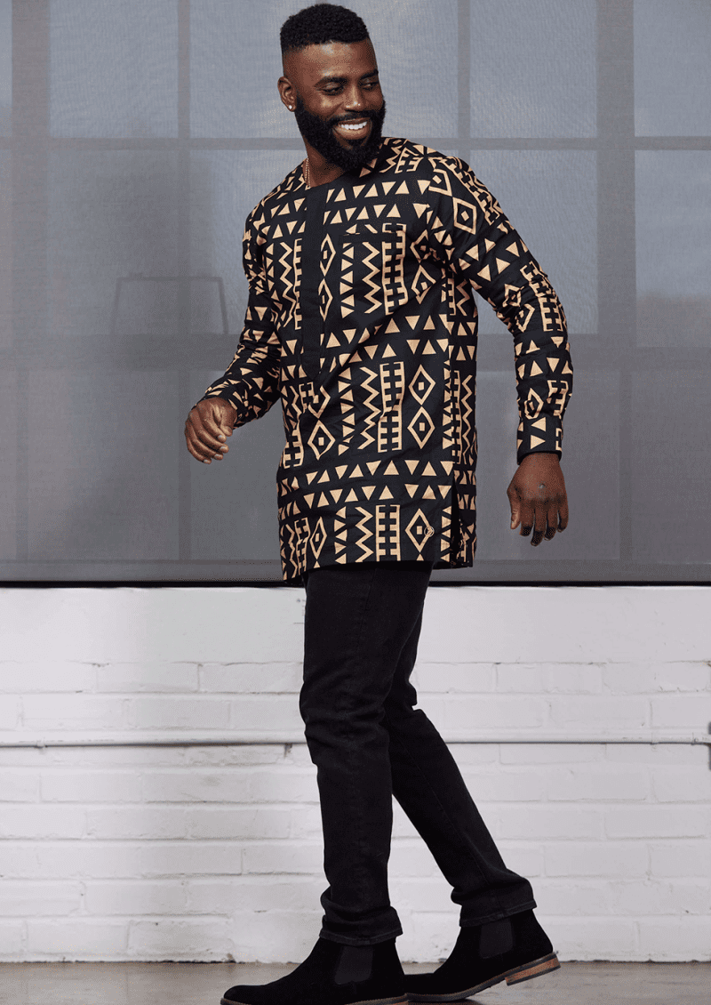 Ibrahim Mens African Print Traditional Shirt Tan Black Tribal3