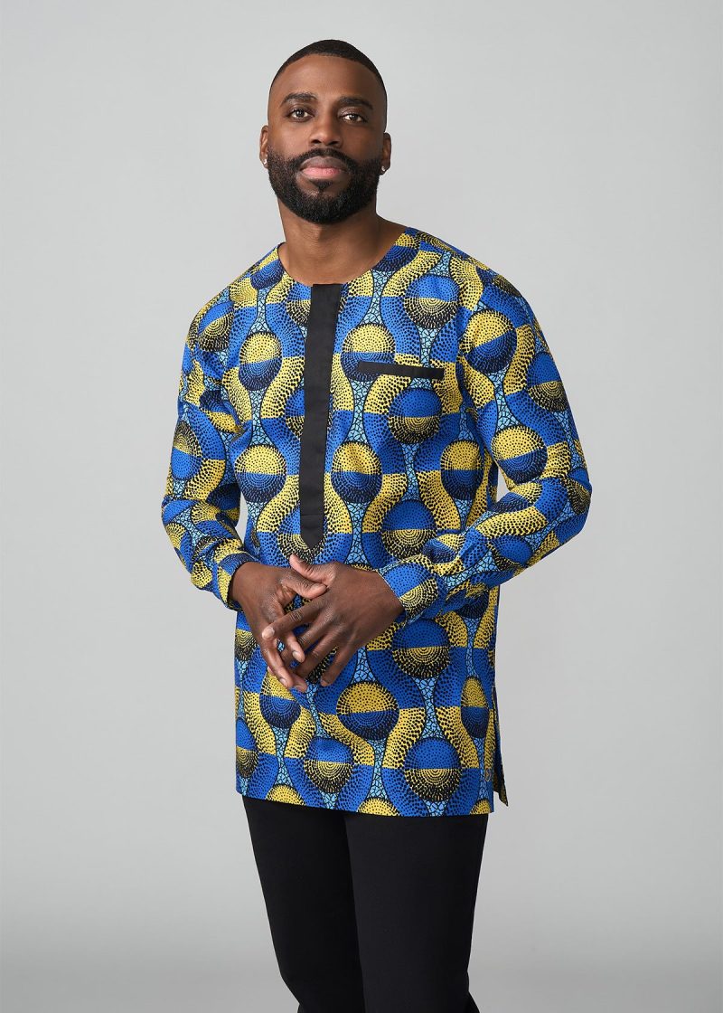 IbrahimAfricanPrintTraditionalTop BlueGoldCircles 5