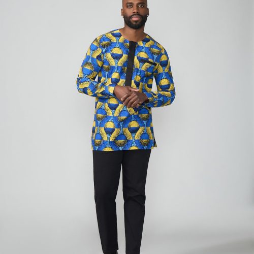 IbrahimAfricanPrintTraditionalTop BlueGoldCircles 7