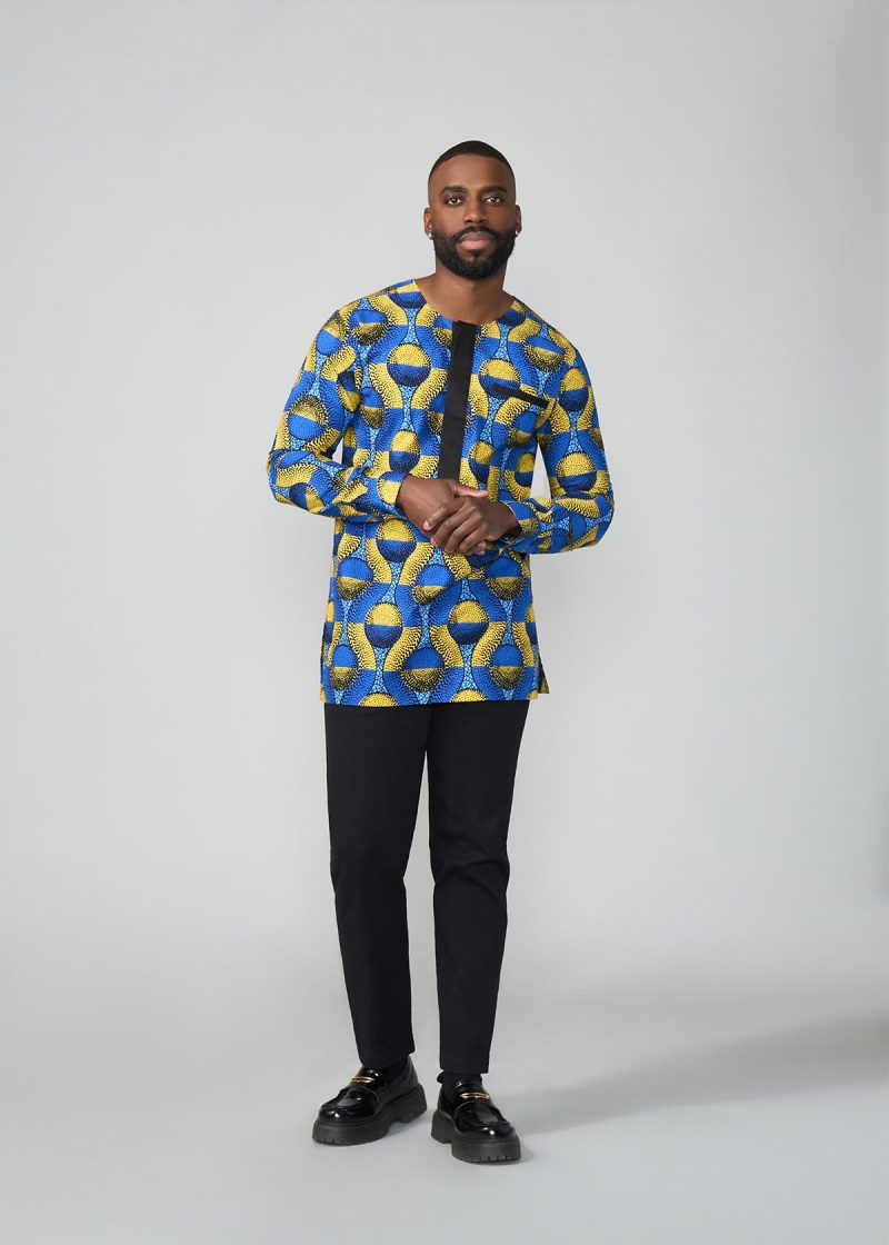 IbrahimAfricanPrintTraditionalTop BlueGoldCircles 7