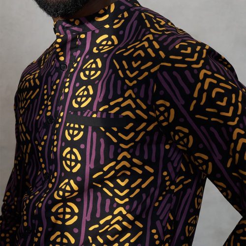 JamalMen sAfricanPrintMandarinShirt GoldPurpleMudcloth 04