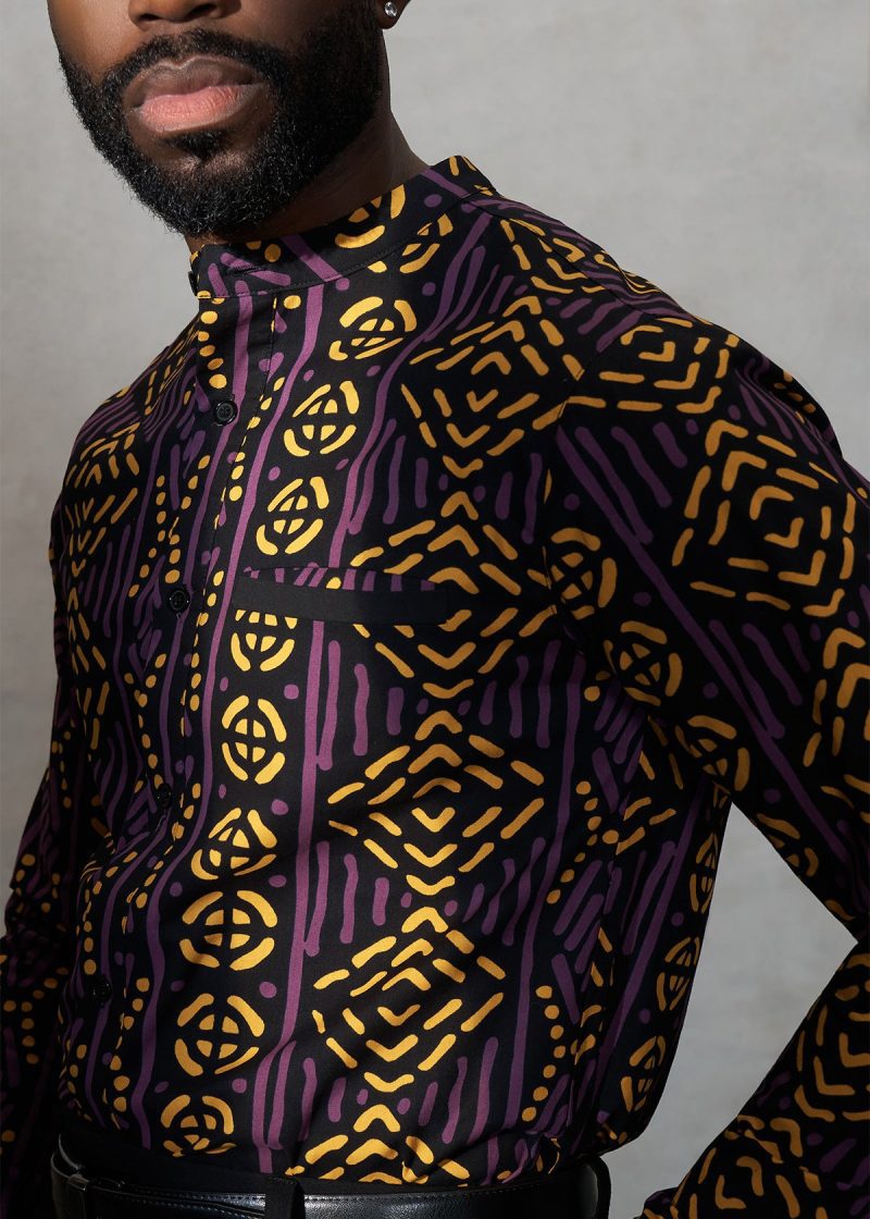 JamalMen sAfricanPrintMandarinShirt GoldPurpleMudcloth 04