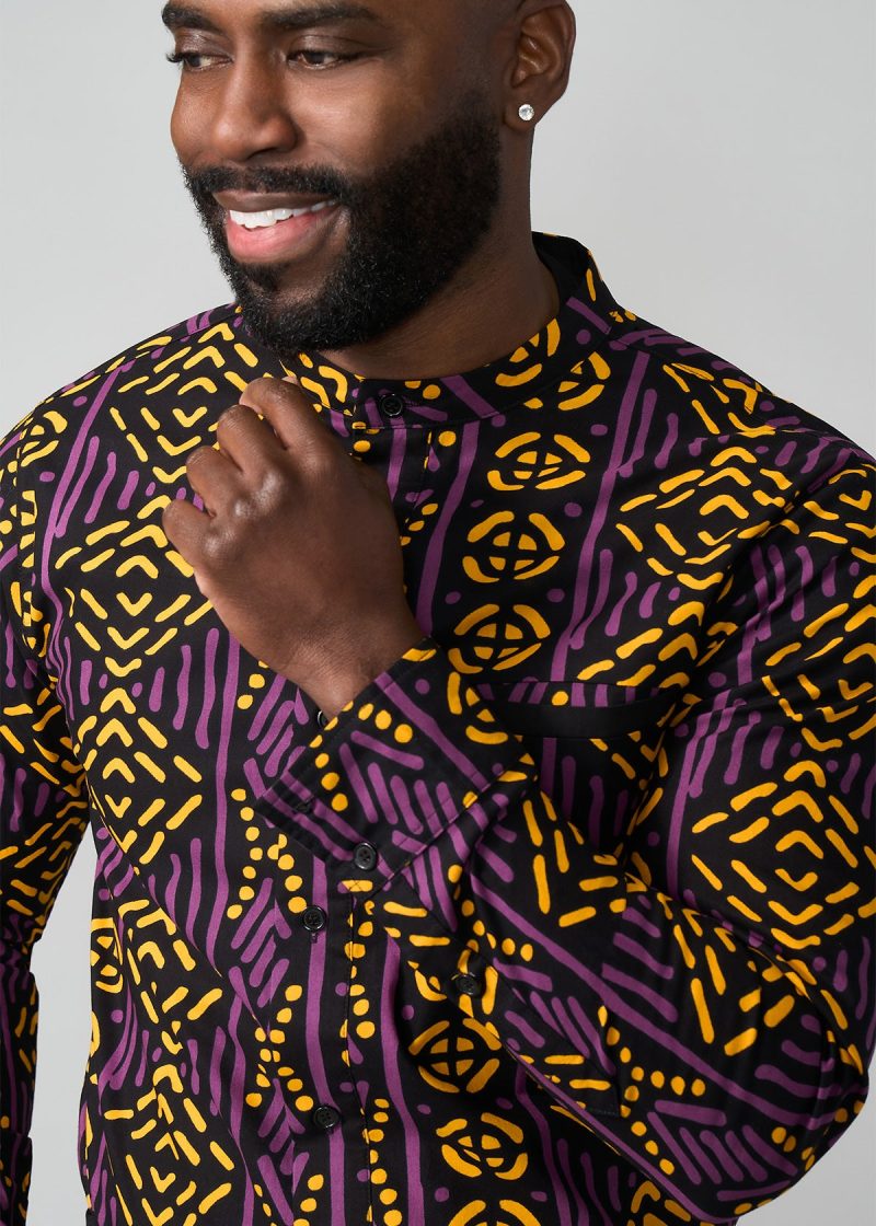 JamalMen sAfricanPrintMandarinShirt GoldPurpleMudcloth 10