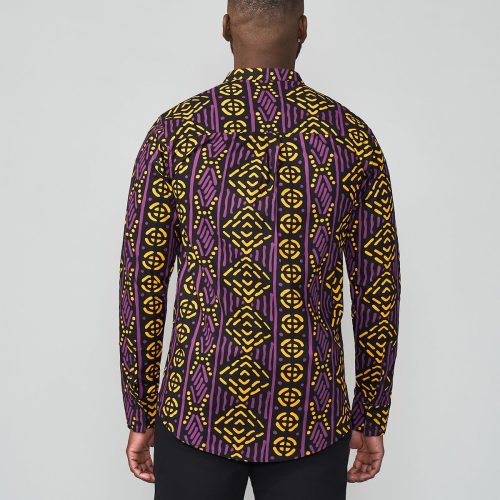 JamalMen sAfricanPrintMandarinShirt GoldPurpleMudcloth 12