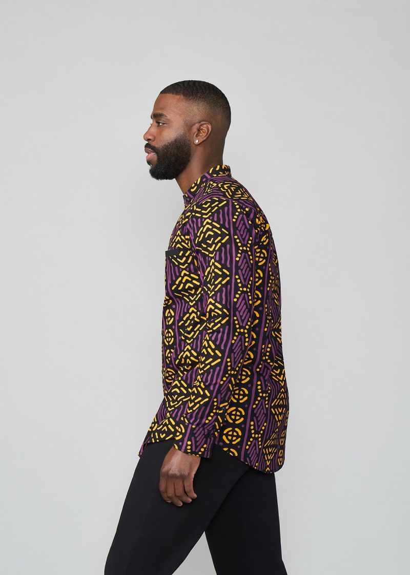 JamalMen sAfricanPrintMandarinShirt GoldPurpleMudcloth 13