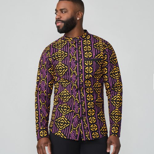 JamalMen sAfricanPrintMandarinShirt GoldPurpleMudcloth 14