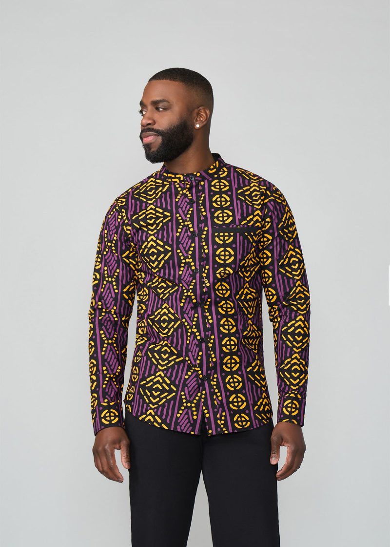 JamalMen sAfricanPrintMandarinShirt GoldPurpleMudcloth 14