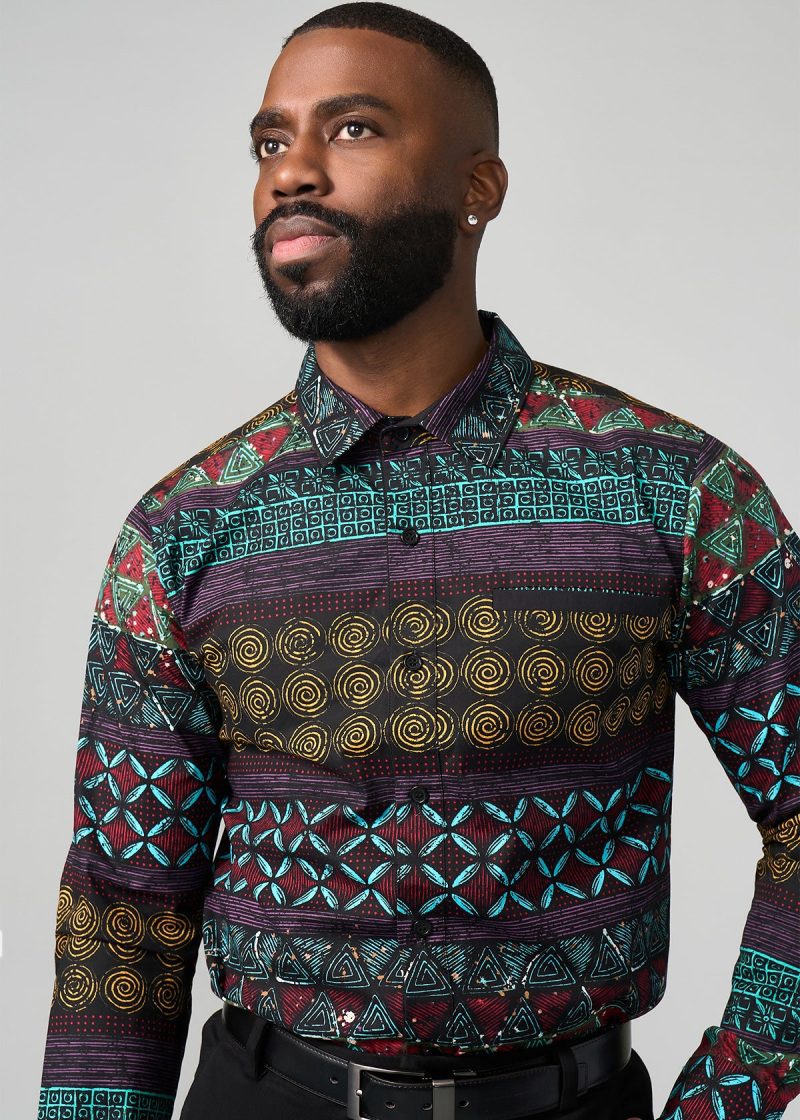 MaziMen sAfricanPrintButton upShirt TealMaroonMultipattern 2