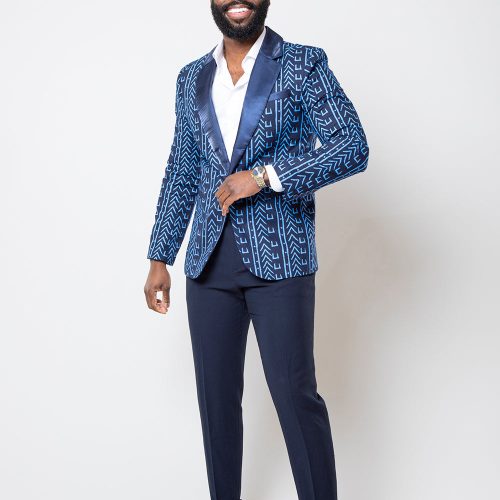 Mens Enofe African Print Color Blocked Blazer Blue Navy Mudcloth 1