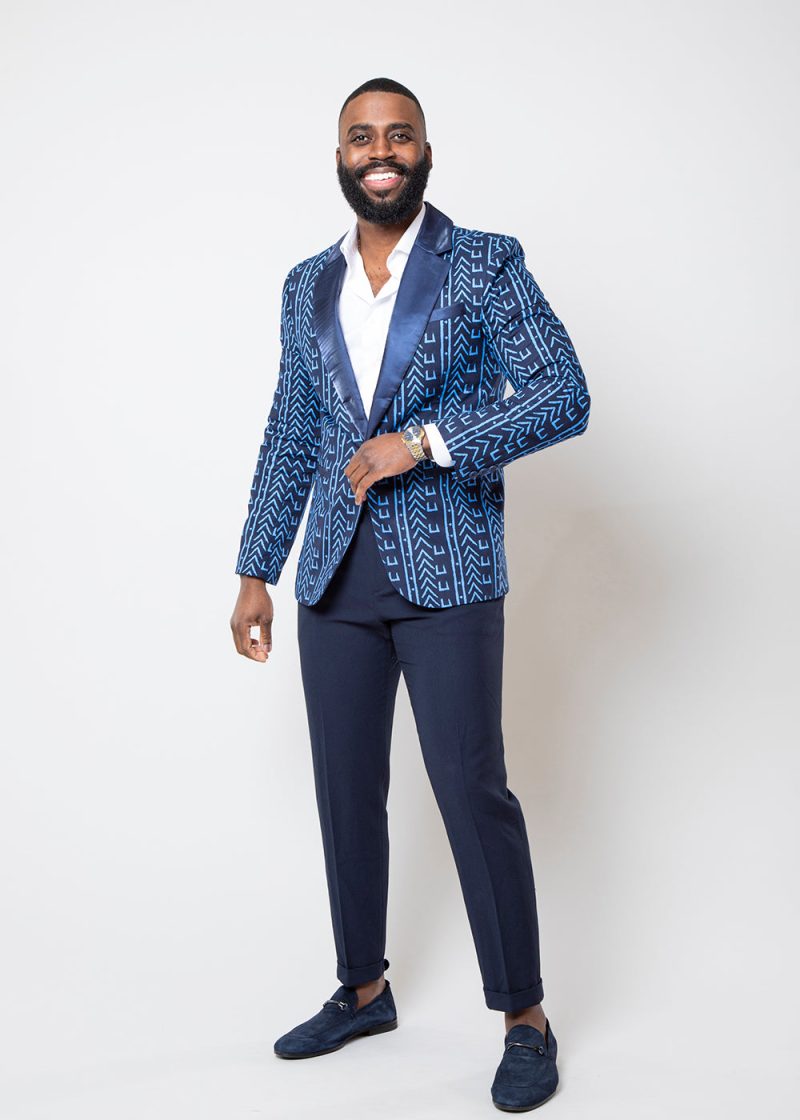 Mens Enofe African Print Color Blocked Blazer Blue Navy Mudcloth 1