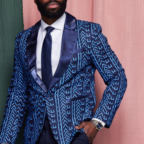 Mens Enofe African Print Color Blocked Blazer Blue Navy Mudcloth