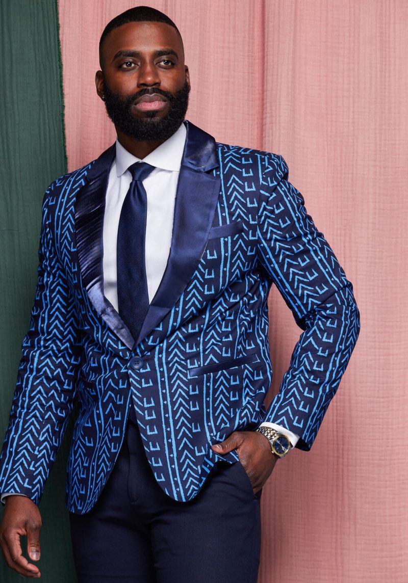 Mens Enofe African Print Color Blocked Blazer Blue Navy Mudcloth