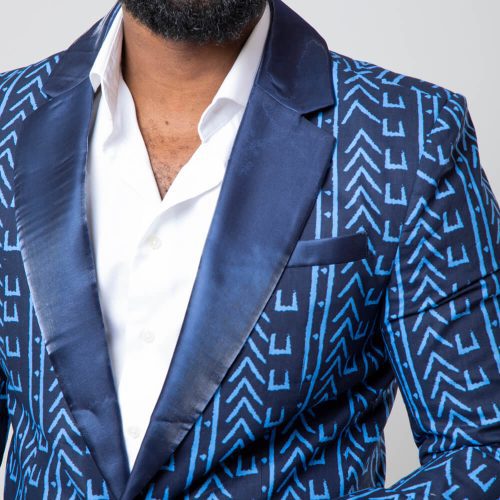 Mens Enofe African Print Color Blocked Blazer Blue Navy Mudcloth Detail2