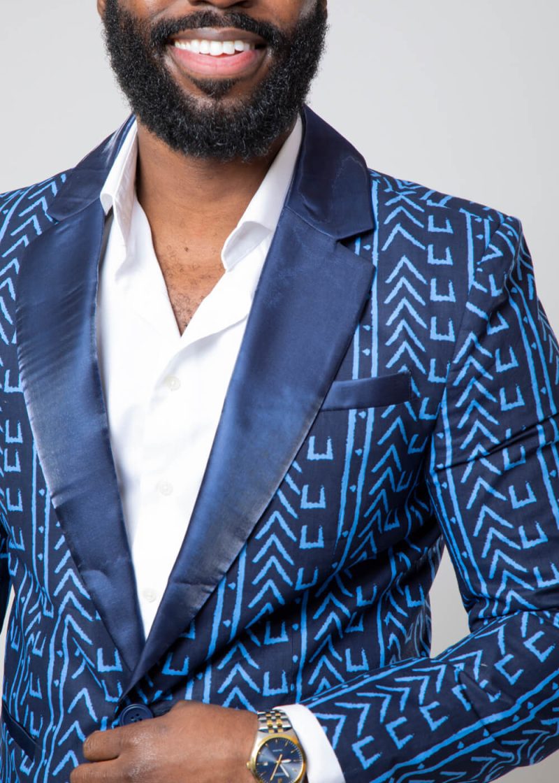 Mens Enofe African Print Color Blocked Blazer Blue Navy Mudcloth Detail2