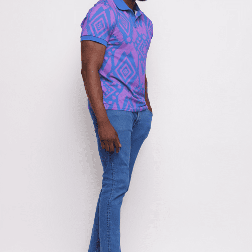 Mens Femi African Print Polo Purple Blue Batik1