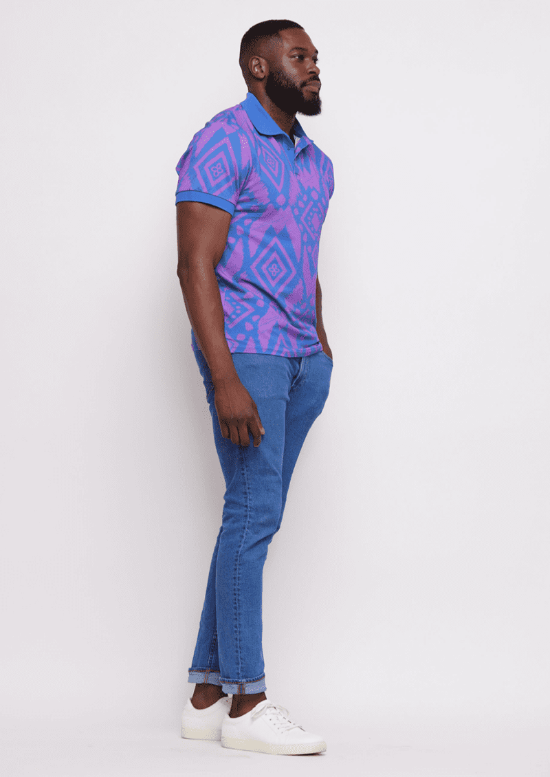 Mens Femi African Print Polo Purple Blue Batik1