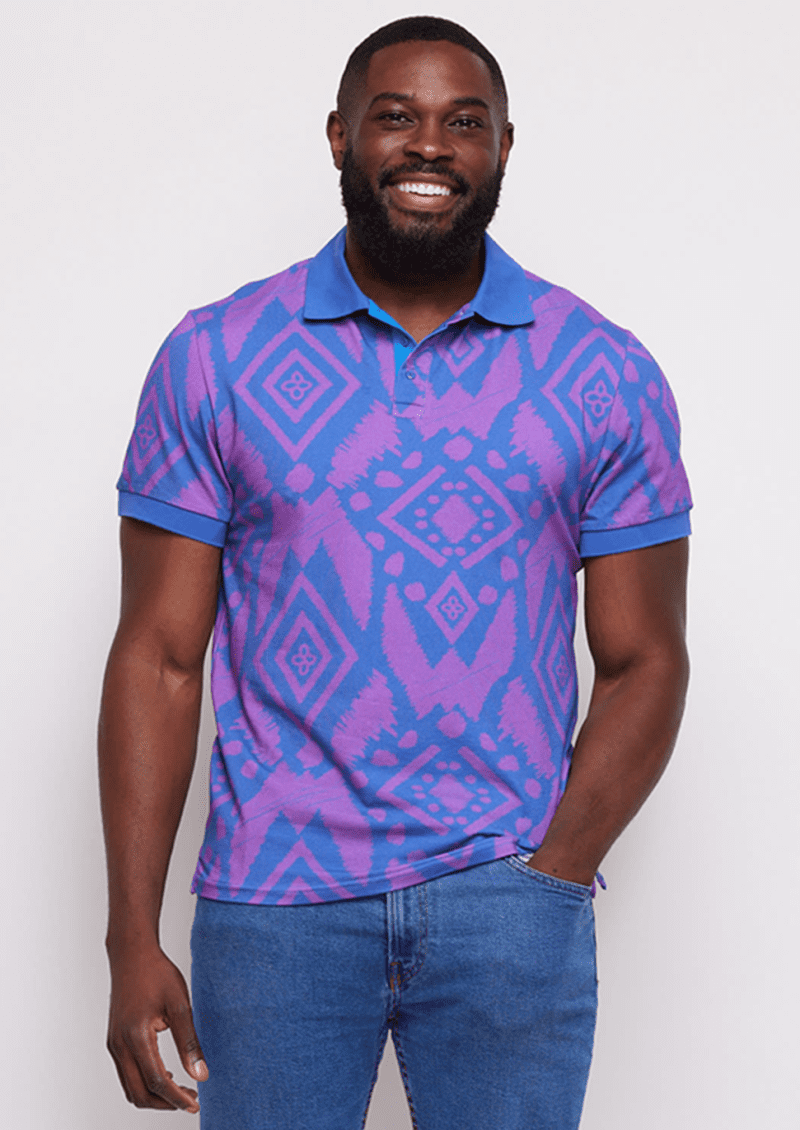 Mens Femi African Print Polo Purple Blue Batik2