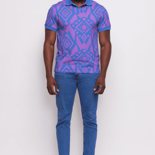 Mens Femi African Print Polo Purple Blue Batik3