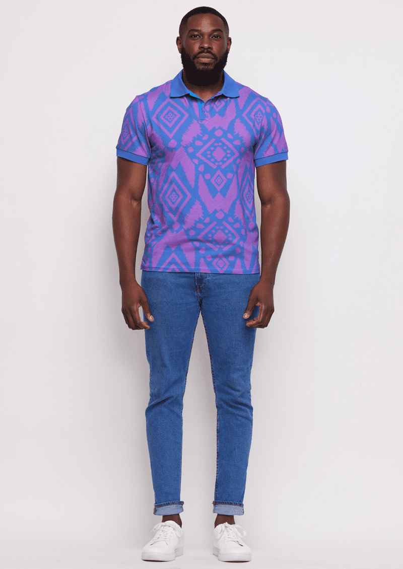 Mens Femi African Print Polo Purple Blue Batik3