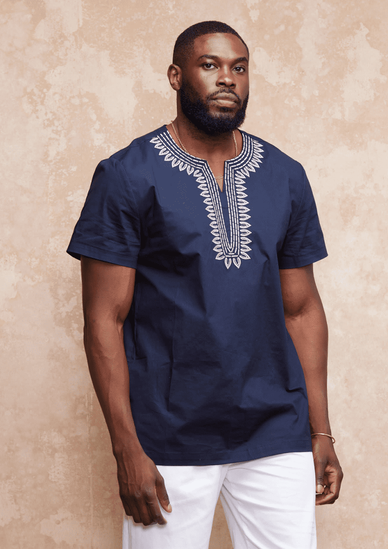 Mens Lubanzi Embroidered Tunic Navy Tan