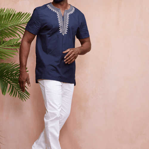 Mens Lubanzi Embroidered Tunic Navy Tan3