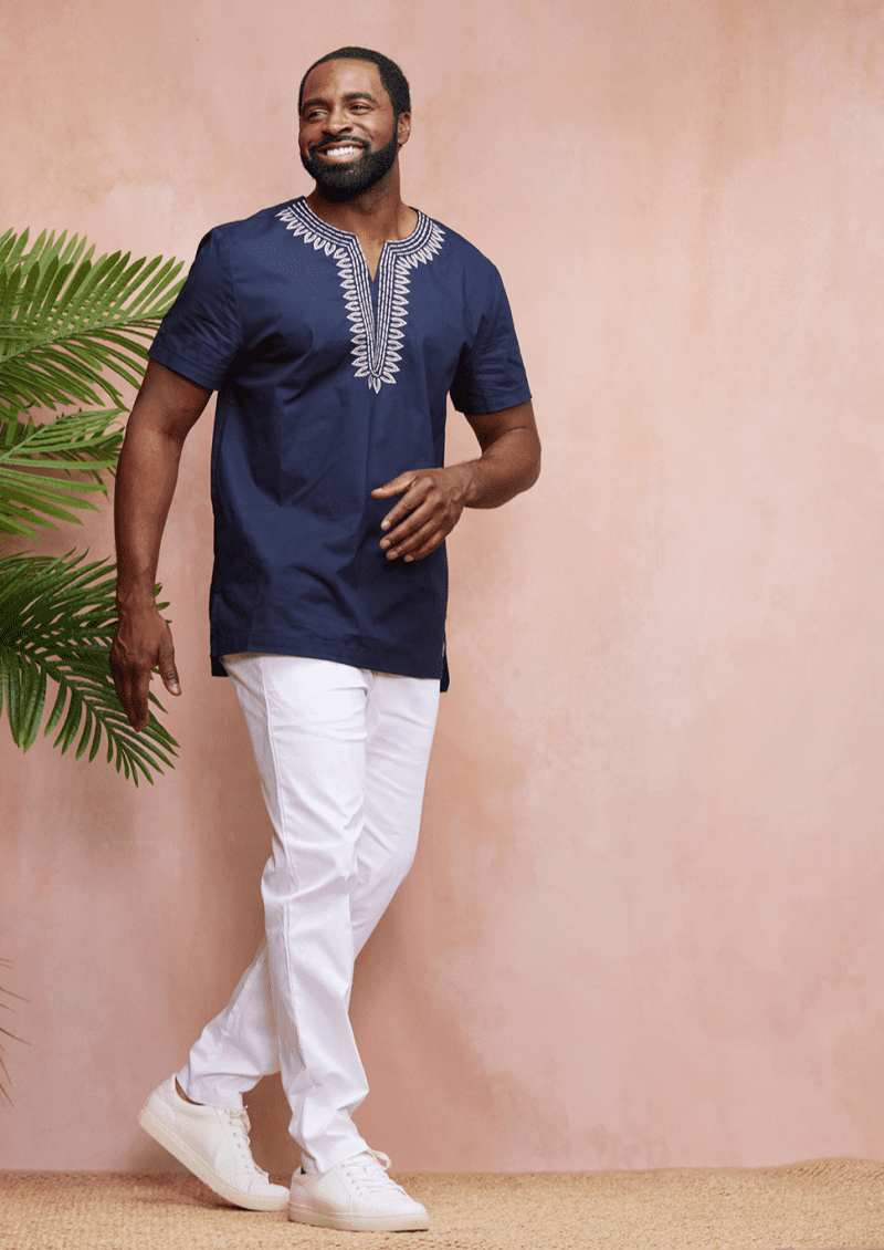 Mens Lubanzi Embroidered Tunic Navy Tan3