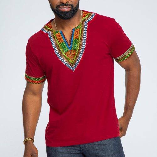 African Print Men's Dashiki T-Shirt (Maroon)