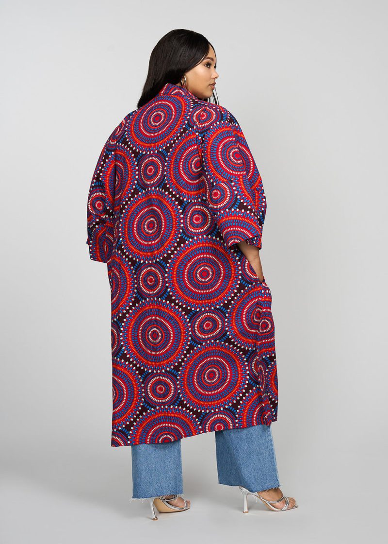 Ondina Women s African Print Kimono Red Indigo Circles 2