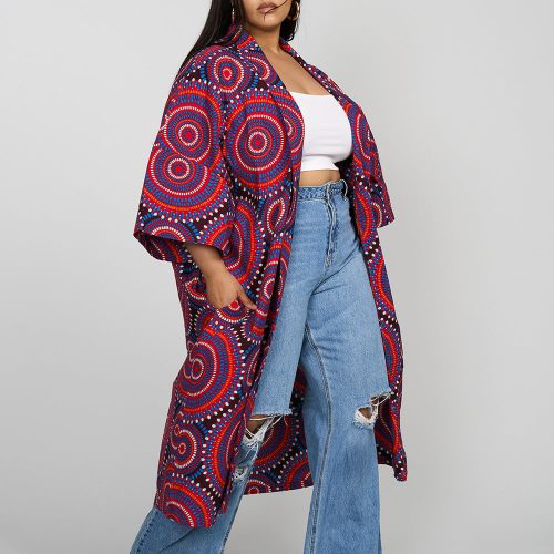 Ondina Women s African Print Kimono Red Indigo Circles 3