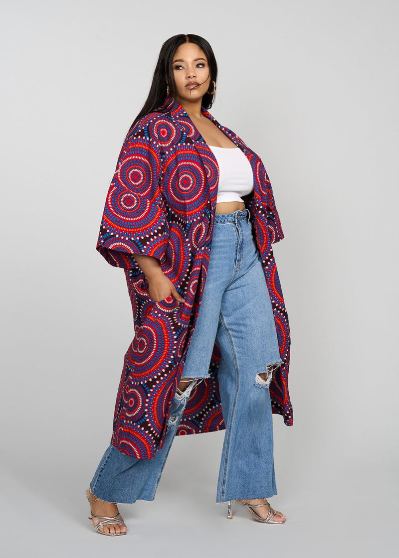 Ondina Women s African Print Kimono Red Indigo Circles 3