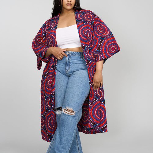 Ondina Women s African Print Kimono Red Indigo Circles 4