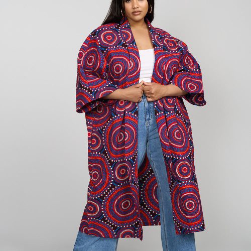 Ondina Women s African Print Kimono Red Indigo Circles 6