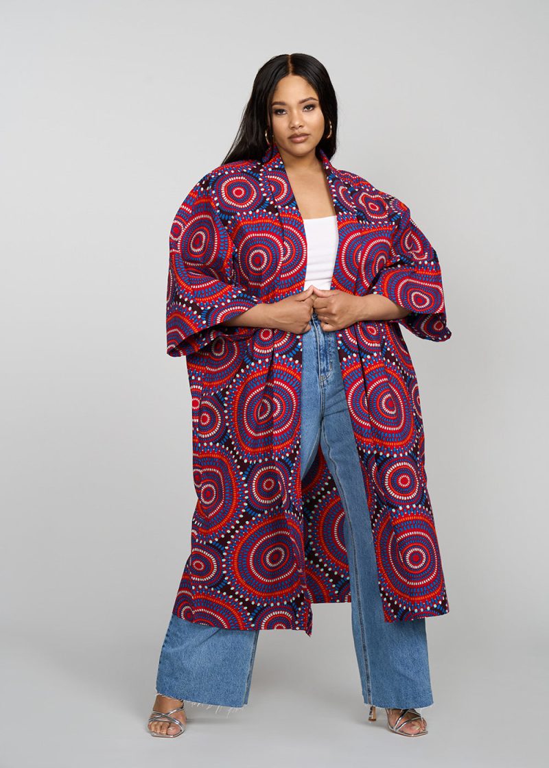 Ondina Women s African Print Kimono Red Indigo Circles 6