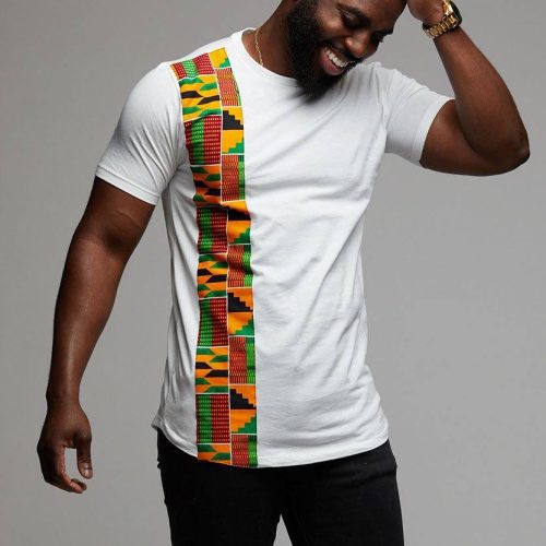 men s tops sadik african print short sleeve tee yellow green kente on white 1