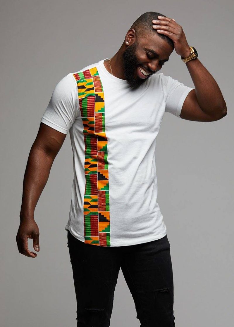 men s tops sadik african print short sleeve tee yellow green kente on white 1